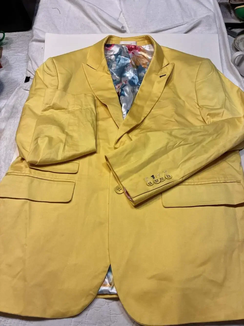 Quimby Yellow Sport Coat Blazer Jacket Floral Satin Lining Size 46